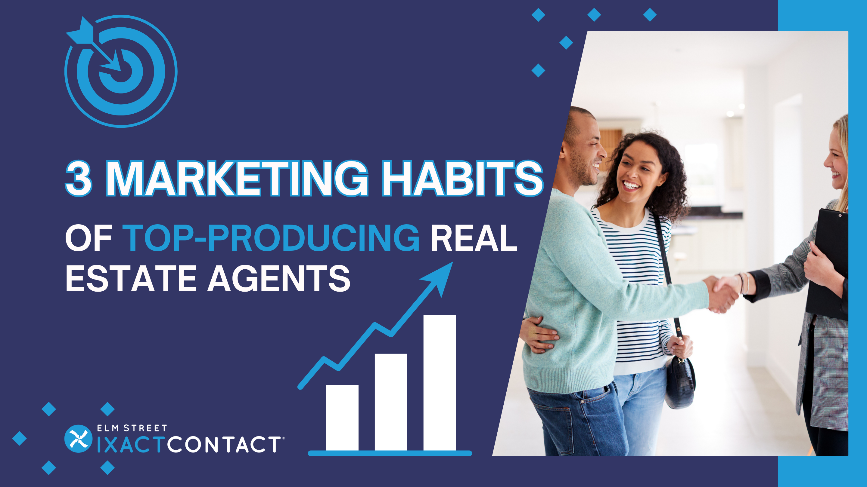 Female real estate agent shaking hands with a young couple after closing a home deal, representing the top marketing habits of successful real estate agents.