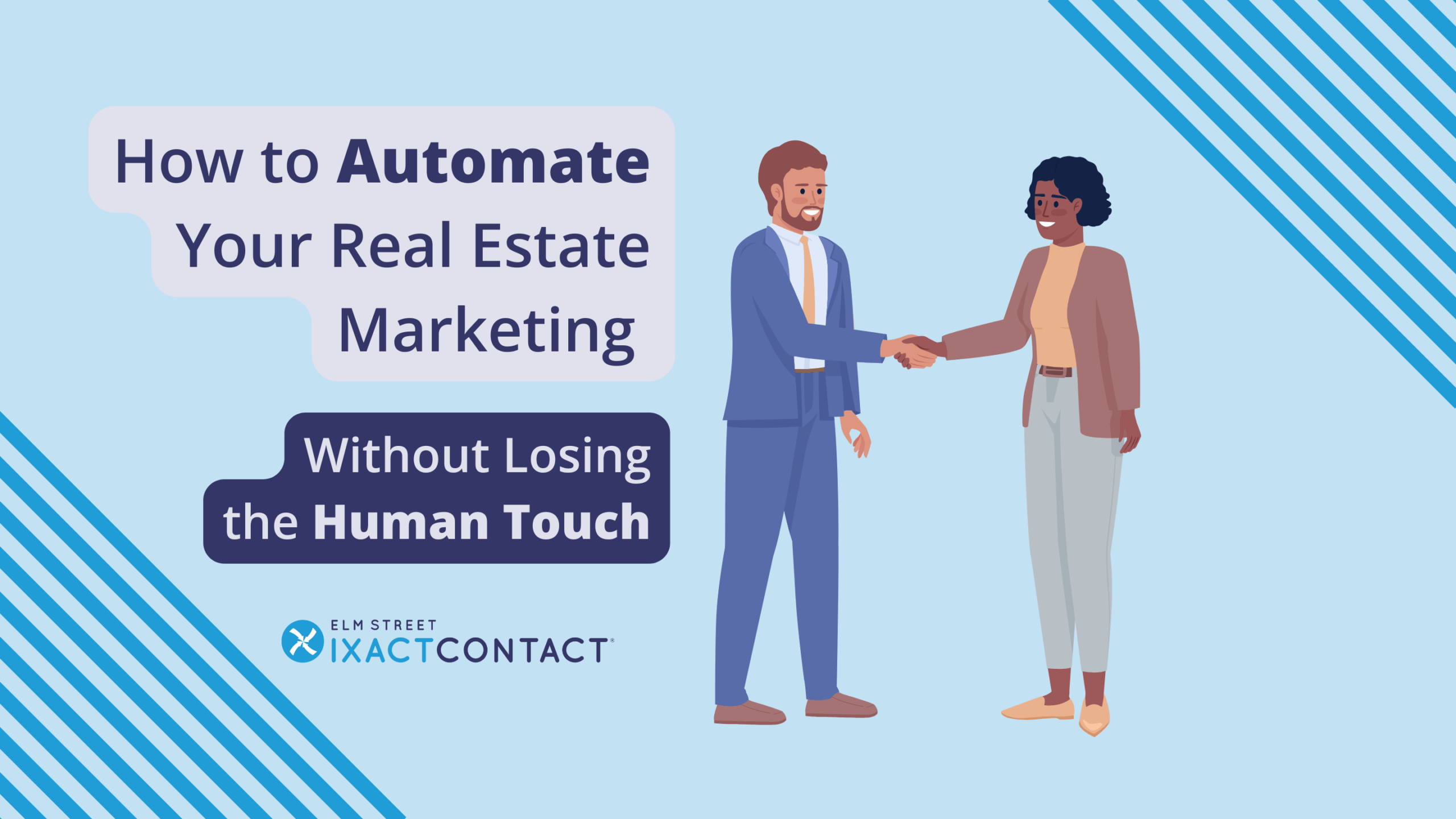 Cartoon man and woman shaking hands on a light blue background, representing how real estate marketing CRM tools help maintain personal connections through automation.