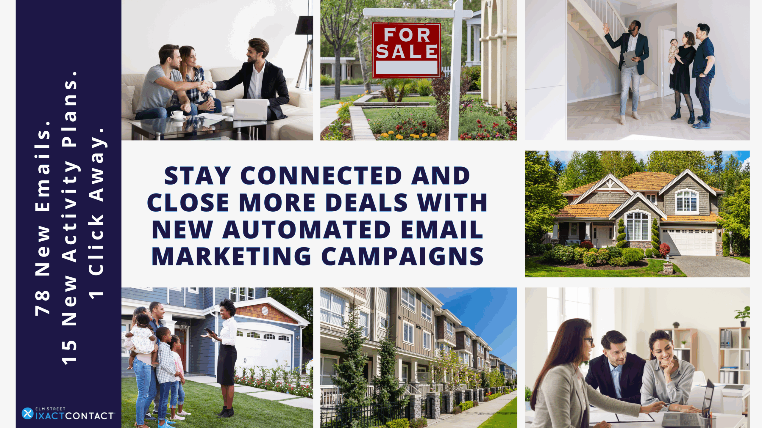 Assortment of real estate images including houses and agents, illustrating automated marketing campaigns for real estate professionals