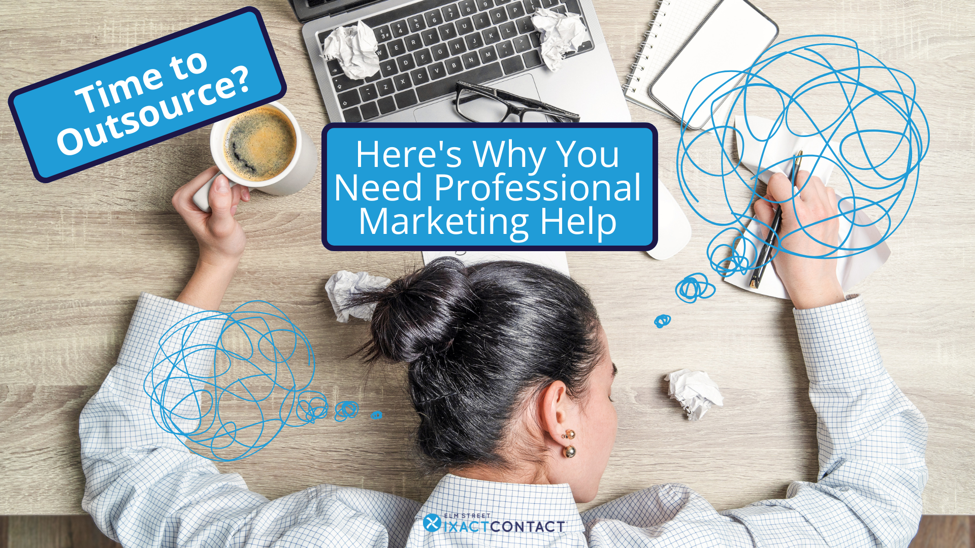 An overhead photo of a woman face-down on a desk strewn with documents and personal devices. Text reads “Time to outsource? Here’s why you need real estate CRM automation.”