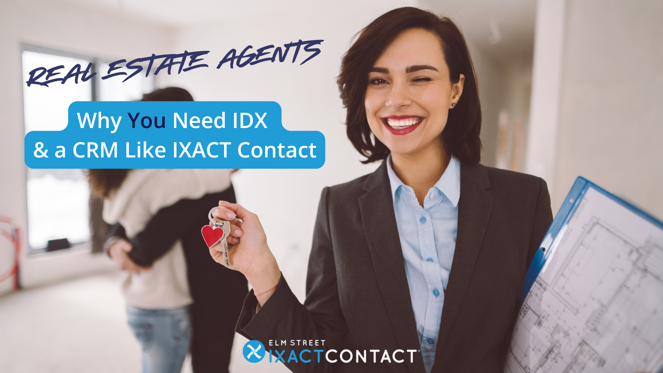 Female real estate agent holding house keys with a happy couple in their new home, representing a real estate CRM with automation and IDX integration.